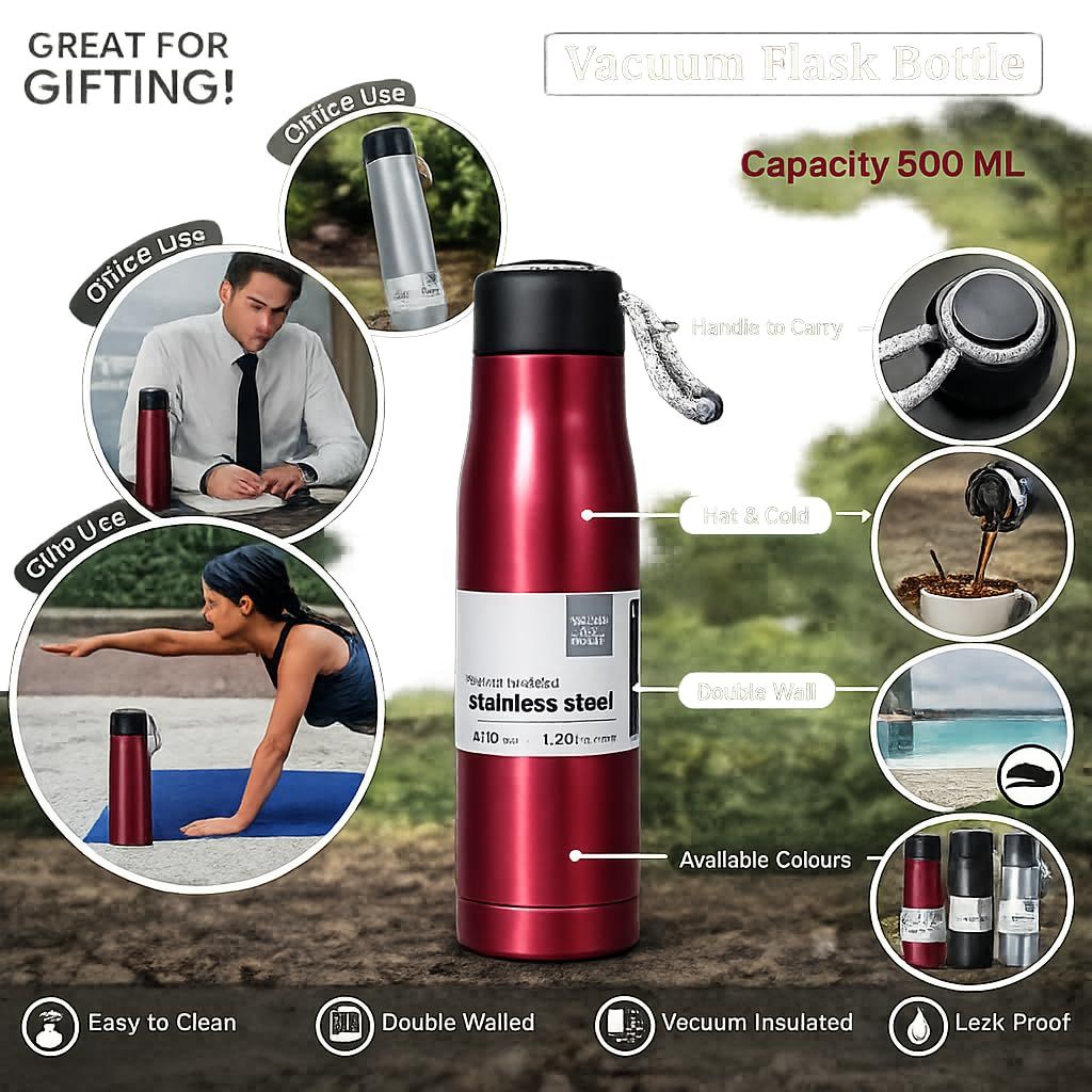 550ml Stainless Steel Vacuum Insulated Water Bottle with Strap | Double Wall Leakproof Flask | BPA Free Travel Bottle - Black