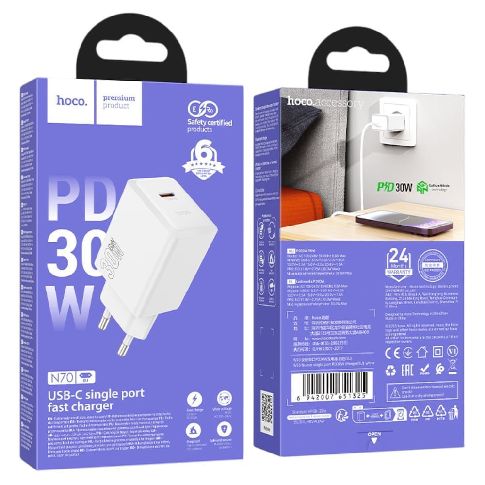 HOCO N70 PD 30W USB-C Fast Charger | Type-C Power Delivery Wall Adapter for iPhone, Samsung, Google Pixel & More (EU Plug)