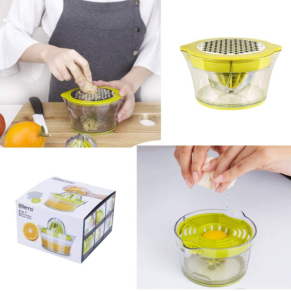 4-in-1 Manual Citrus Juicer with Measuring Cup & Grater | Lemon, Lime & Orange Juice Squeezer - Yellow Green