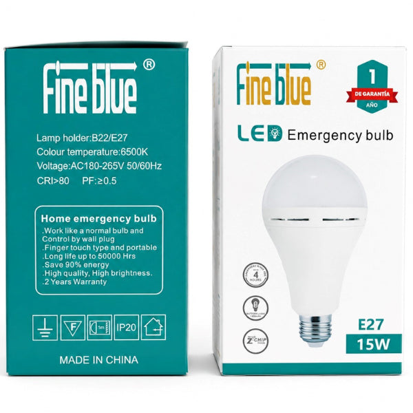 Fine Blue 15W Rechargeable LED Emergency Bulb E27 6500K Cool White | Battery Backup Load Shedding Light