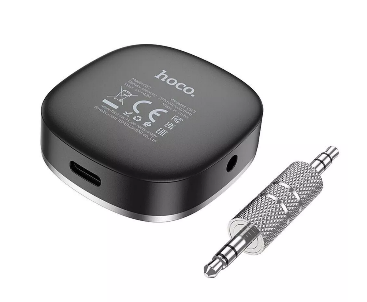 HOCO E80 Travel Bluetooth 5.3 Car AUX Receiver | Wireless 3.5mm AUX Audio Adapter with Hands-Free Calling & LED Battery Display