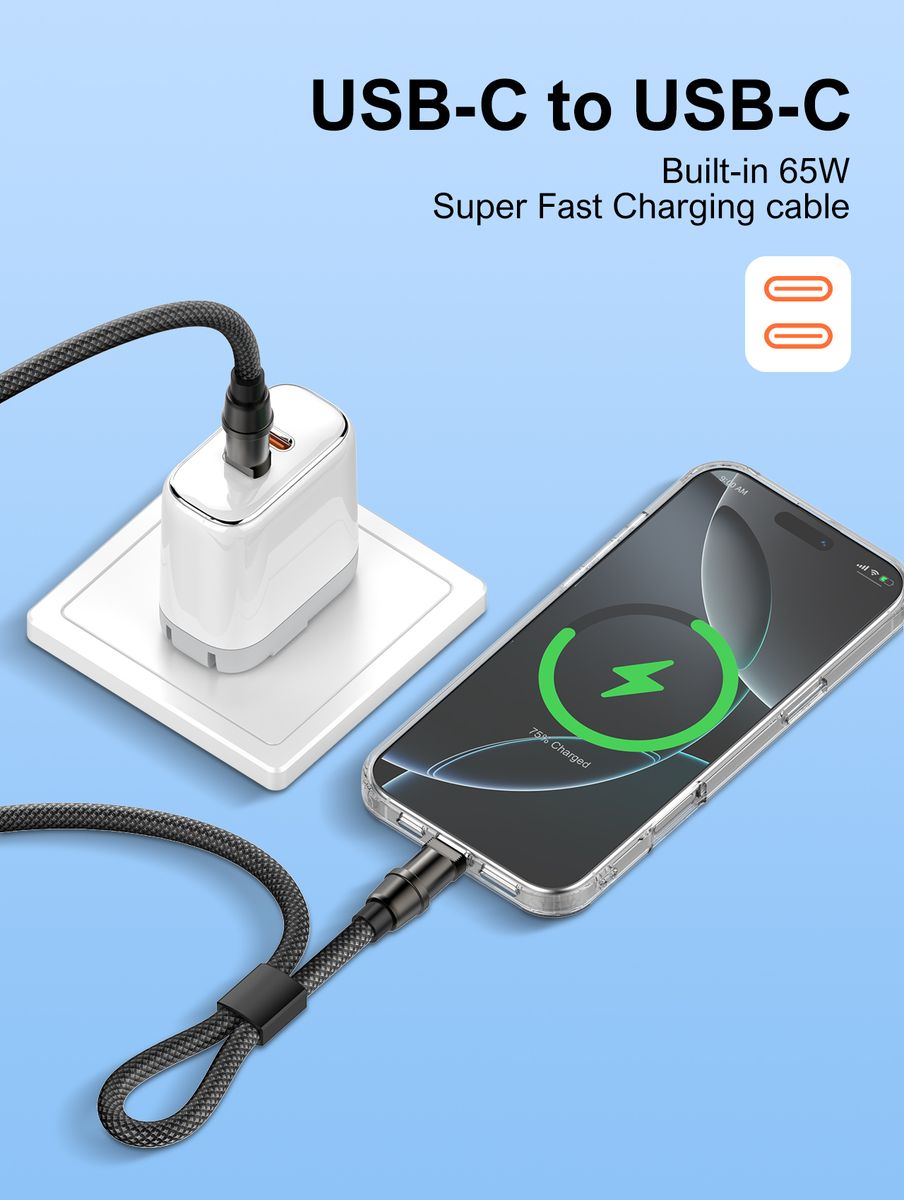 LDNIO LC22C 65W USB-C to USB-C Fast Charging Cable with Phone Lanyard Strap | 30cm Nylon Braided PD Data Cable