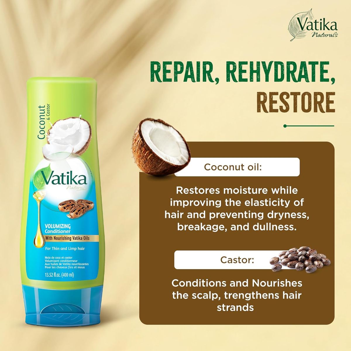 Vatika Naturals Coconut & Castor Volume & Thickness Shampoo & Conditioner Set 400ml | Hair Care Duo for Fine, Thin & Limp Hair