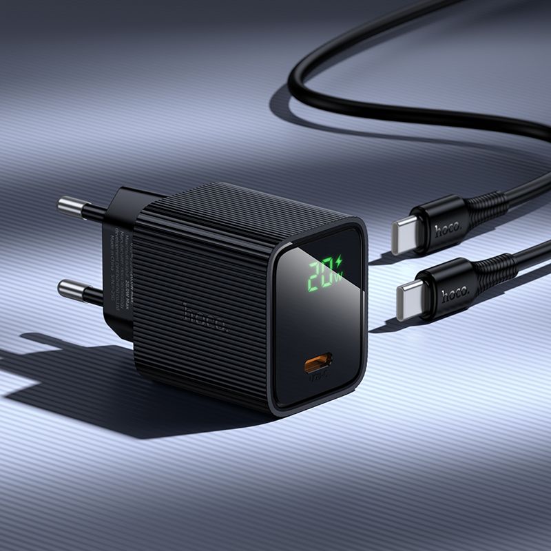 HOCO CS82A 20W PD USB-C Fast Wall Charger with USB-C to USB-C Cable (1M) | Power Delivery Fast Charging Adapter (EU Plug)
