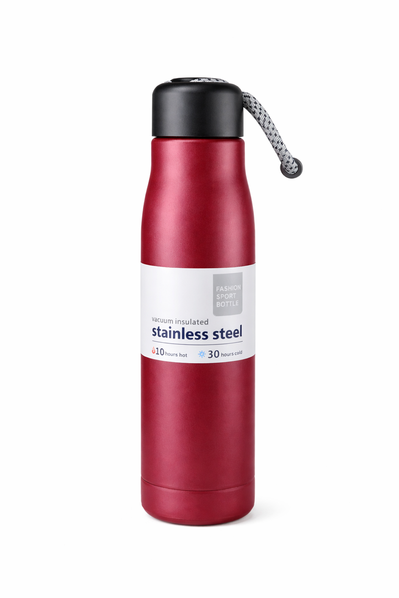 550ml Stainless Steel Vacuum Insulated Water Bottle with Strap | Double Wall Leakproof Flask | BPA Free Travel Bottle - Black