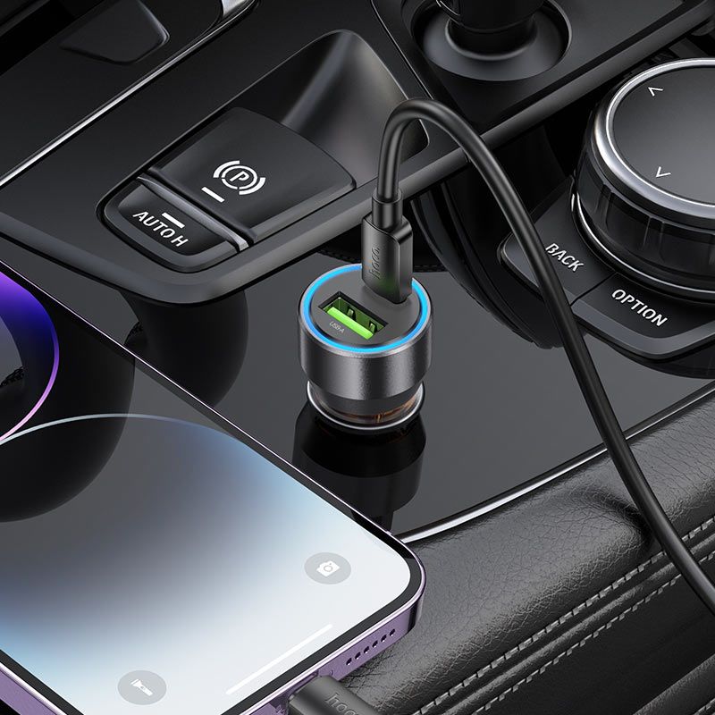 HOCO NZ12A 43W PD Fast Car Charger with USB-C to Lightning Cable (1M) | Dual Port USB-C + USB-A Car Charger