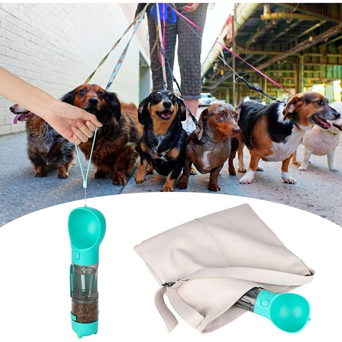 4-in-1 Portable Dog Water Bottle with Food Storage & Poop Bag Holder – Green Travel Pet Feeder