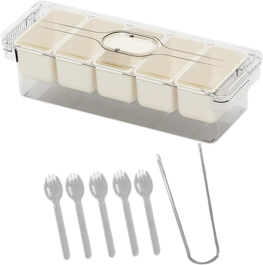 5 Grid Food Storage Container with Lid & Serving Tongs | Multi-Section Fruit, Snack & Dry Food Organizer Box