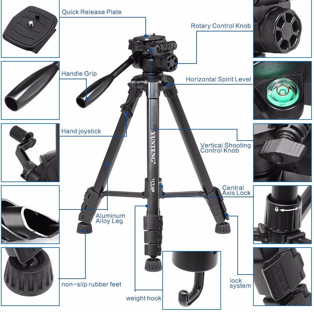 YUNTENG VCT-668 Camera Tripod Stand for DSLR, Mirrorless & Video Cameras | 360° 3-Way Pan Head, Quick Release Plate & 3kg Load Capacity