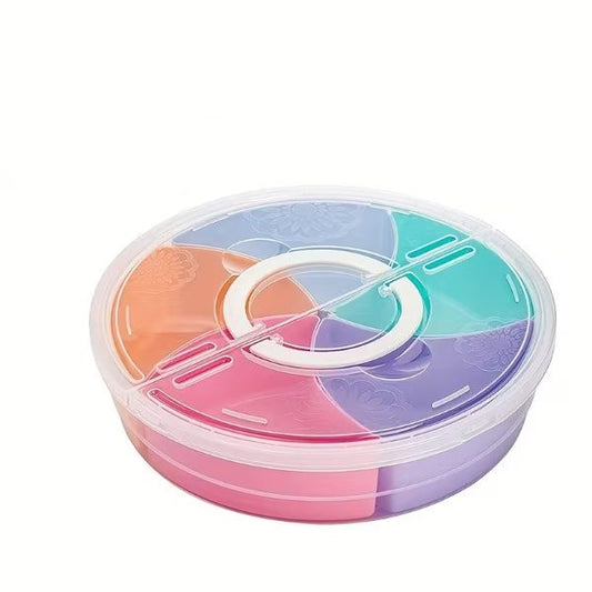 Round 5 Compartment Snack Storage Container with Lid | Multi-Colour Sectional Food Organizer Box