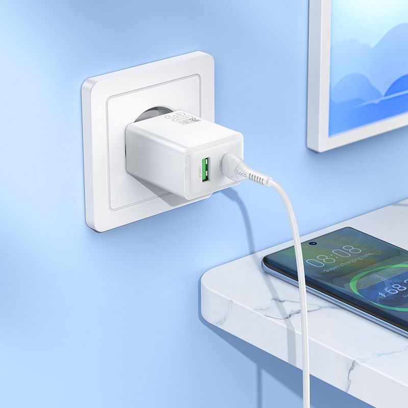 Hoco N71 30W PD Fast Charger | Dual Port USB-C & USB-A Wall Charger Adapter for iPhone, Samsung & Android