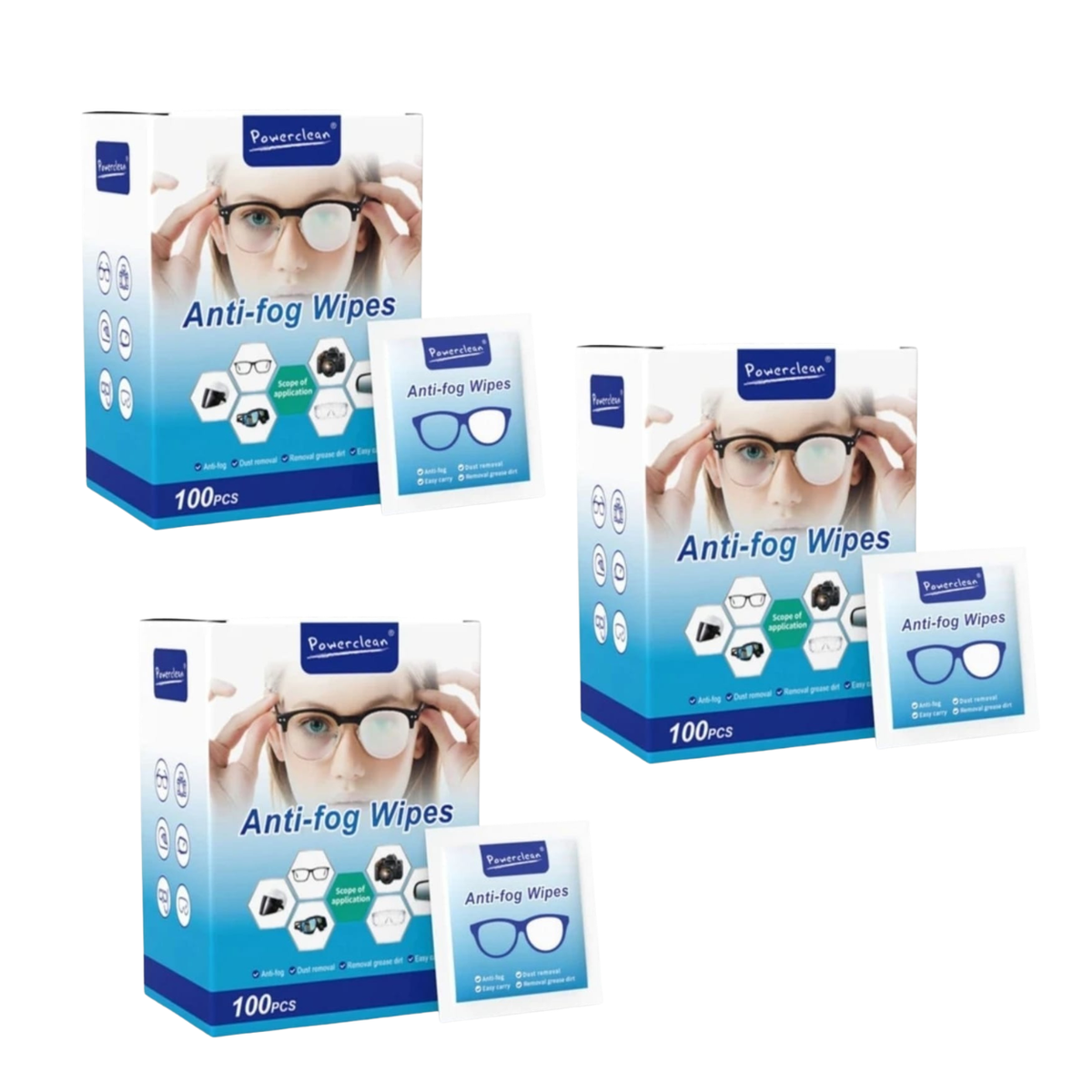 Powerclean Anti-Fog Lens Cleaning Wipes (100 Wipes x 3 Pack) | Fog-Free Cleaning Wipes for Glasses, Sunglasses, Camera Lens, Phone, Laptop & Screens