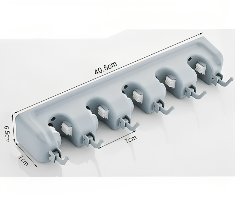 Wall Mounted Broom & Mop Holder with 5 Grip Slots & 6 Utility Hooks | Heavy Duty Organizer Rack