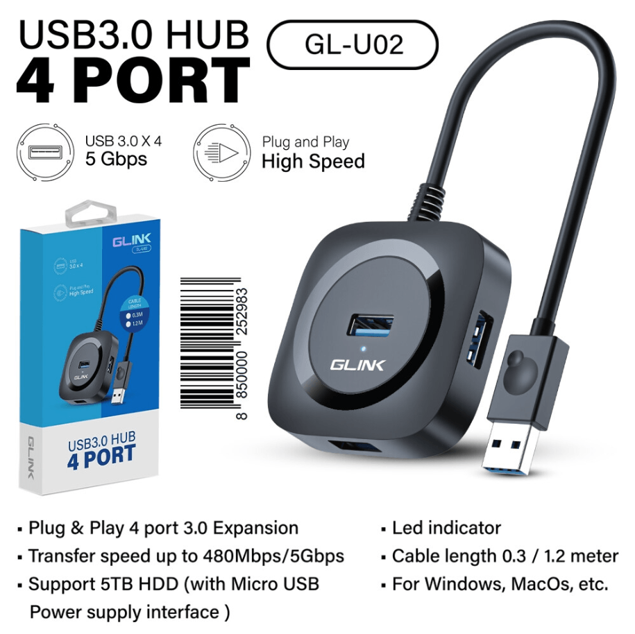 Glink GL-U02 USB 3.0 Hub 4-Port | SuperSpeed 5Gbps USB Splitter with 1.2m Cable for Laptop, PC & Mac