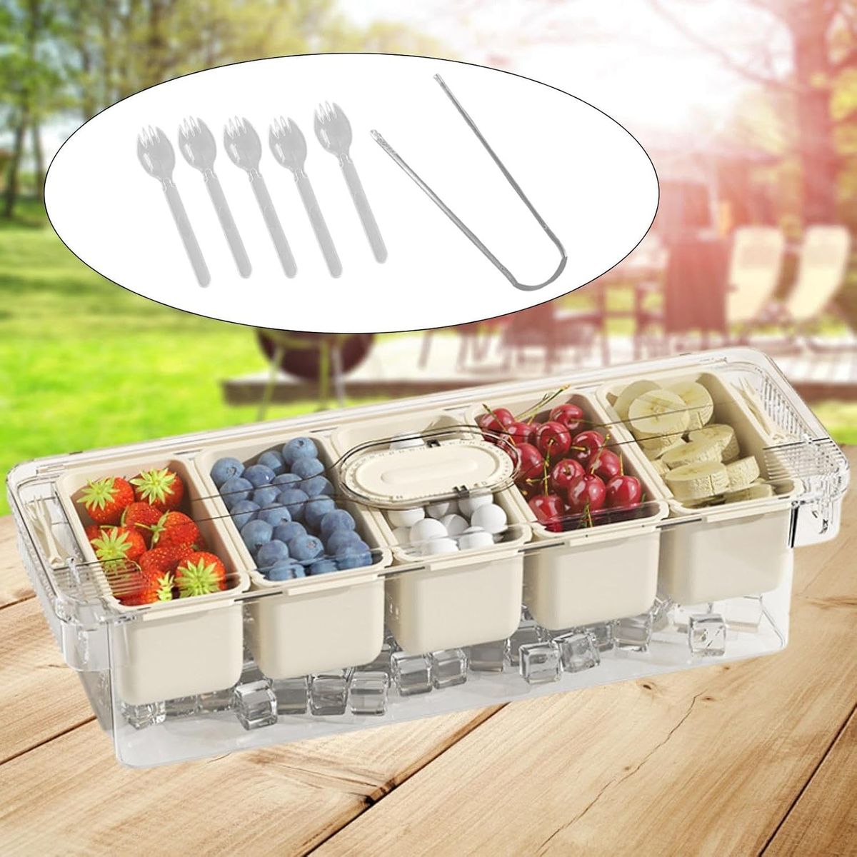 5 Grid Food Storage Container with Lid & Serving Tongs | Multi-Section Fruit, Snack & Dry Food Organizer Box
