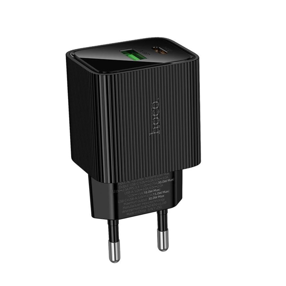HOCO CS84A 30W GaN Fast Charger with LED Display | USB-C PD 30W + USB-A QC 3.0 Dual Port Wall Charger - Black