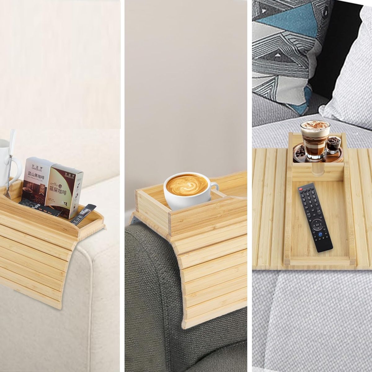 Premium Bamboo Sofa Armrest Tray Table with Cup Holder & Phone Slot | Foldable Couch Arm Tray Organizer
