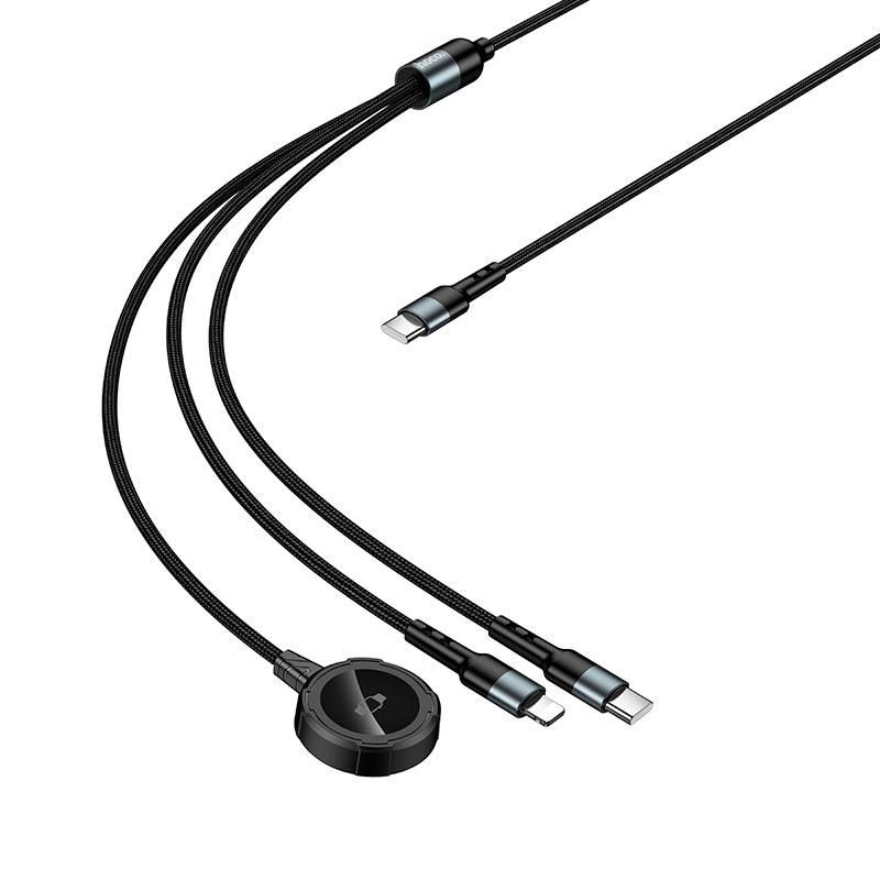 HOCO CW64 3-in-1 Magnetic Charging Cable with Apple Watch Wireless Charger, USB-C & Lightning | 1.2M Braided Cable