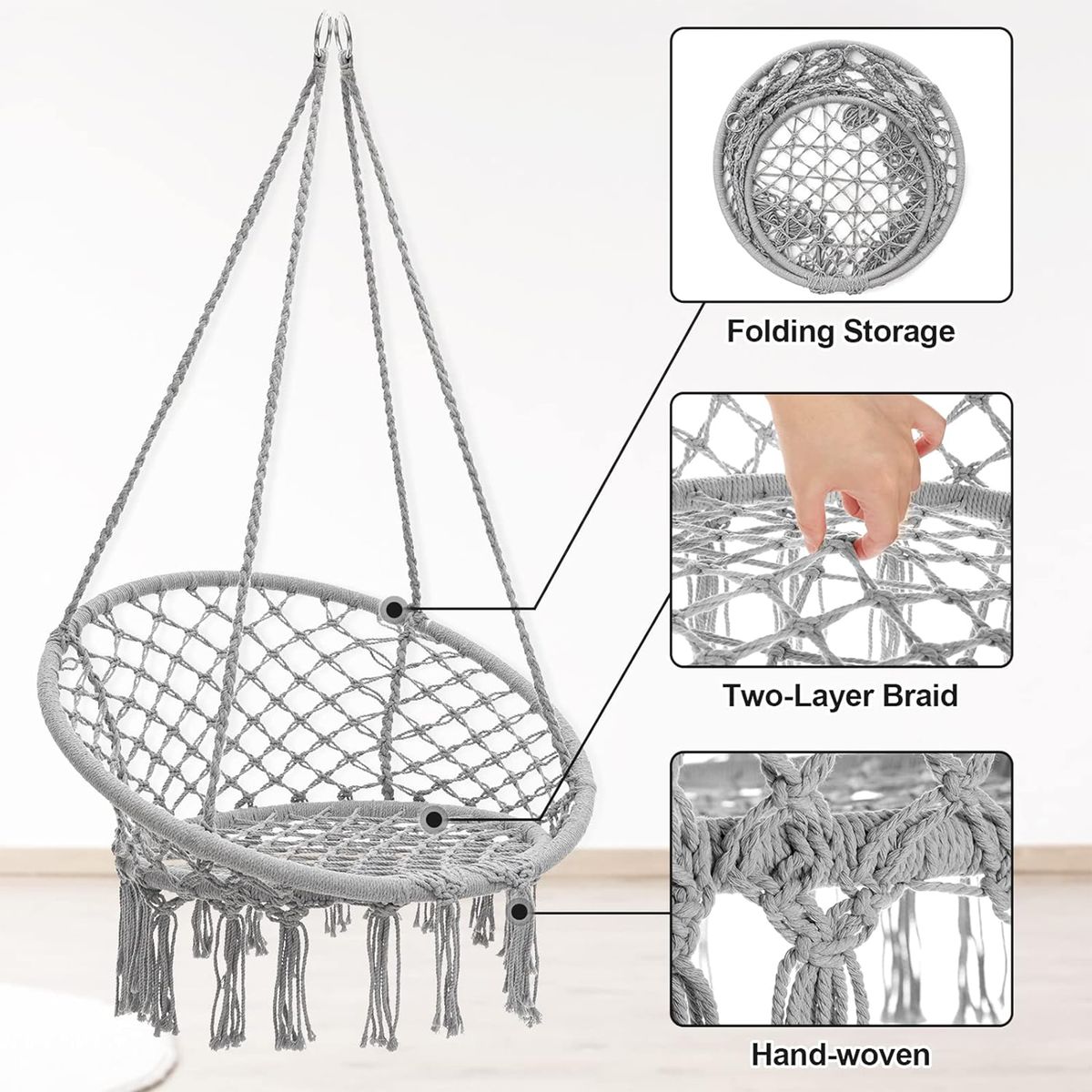 Handmade Cotton Rope Hanging Swing Chair for Adults & Kids | Boho Hammock Chair for Indoor & Outdoor Garden - Grey