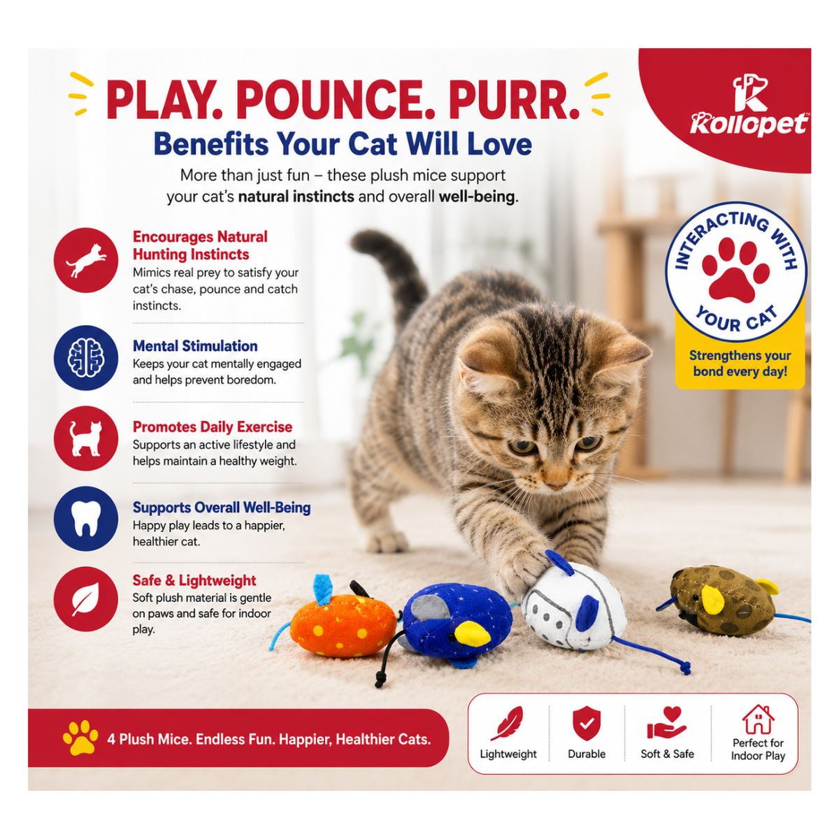 Interactive Cat Mouse Toys 4 Pack – Plush Mice with Tails for Indoor Cats, Satisfying & Interactive Play
