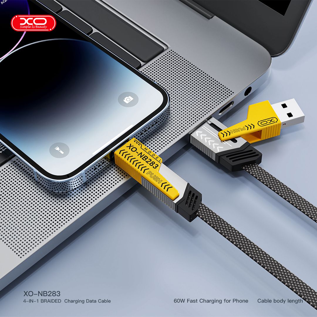 4-in-1 60W Fast Charging Cable USB-C, Lightning & USB-A | Multi Connector Fast Charge Cable 1 Meter