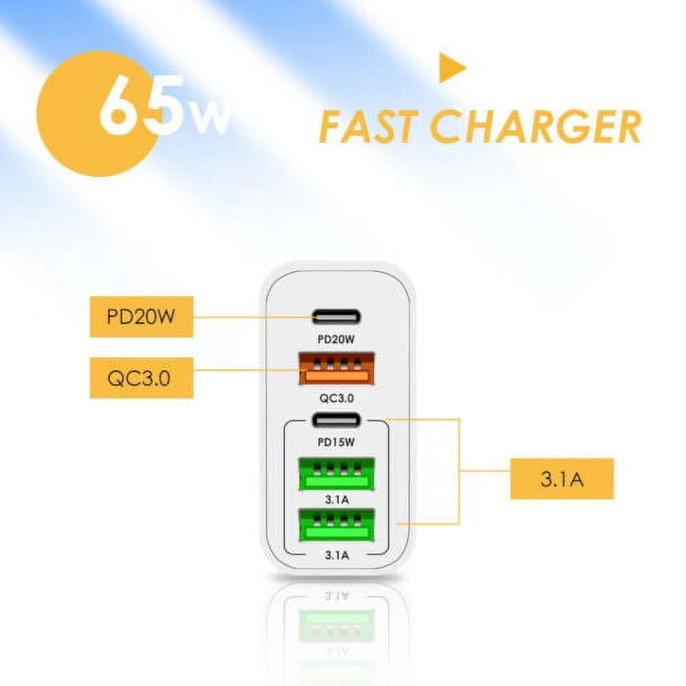 65W Fast USB-C PD Charger Adapter with 2 USB-C & 3 USB Ports | QC 3.0 Multi-Port Wall Charger - White