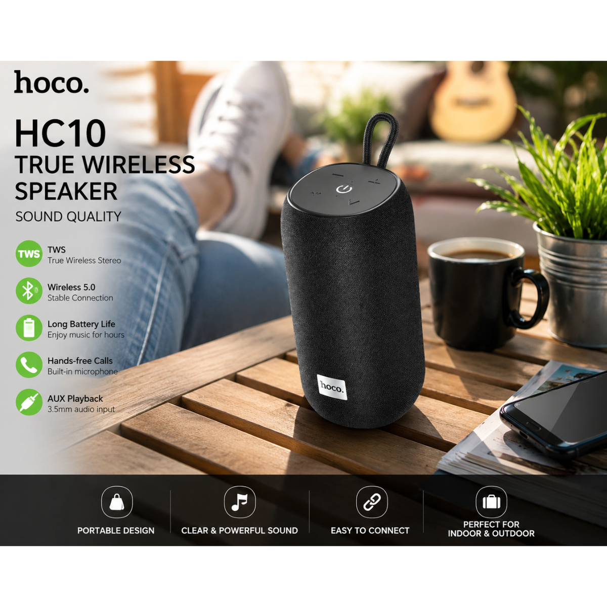 HOCO HC10 Portable Wireless Bluetooth Speaker | Bluetooth 5.0 | TWS Stereo | FM Radio | USB & TF Card | 5W Outdoor Portable Speaker
