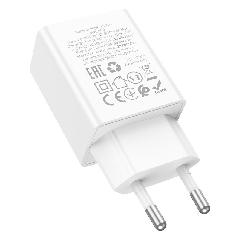 HOCO N70 PD 30W USB-C Fast Charger | Type-C Power Delivery Wall Adapter for iPhone, Samsung, Google Pixel & More (EU Plug)