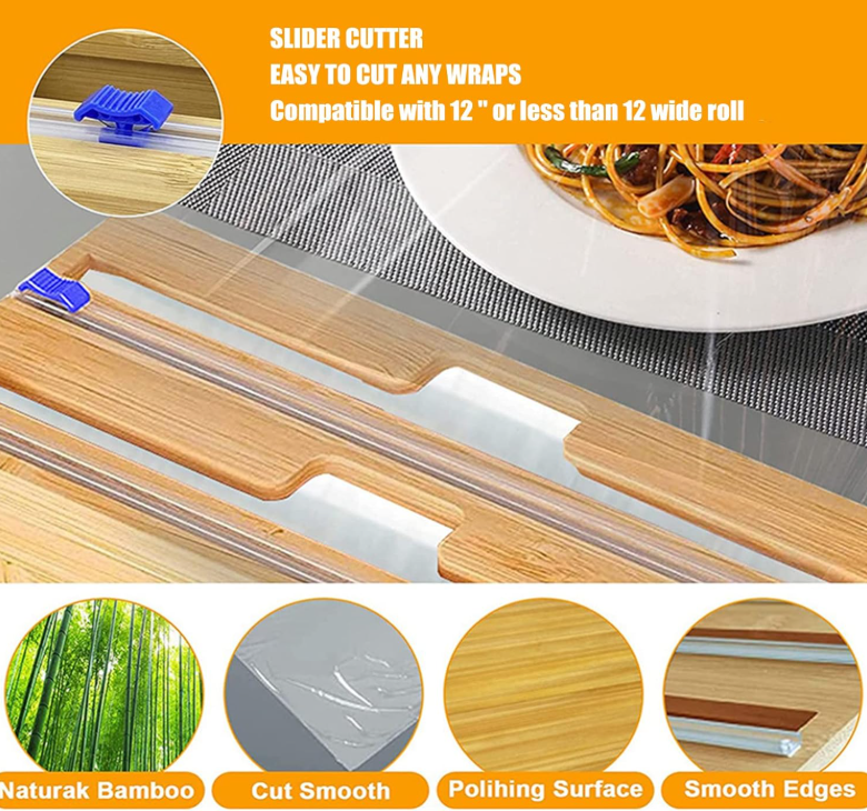 SamMag Biz 2-in-1 Bamboo Food Wrap Dispenser with Built-in Cutters | Plastic Wrap & Aluminum Foil Organizer