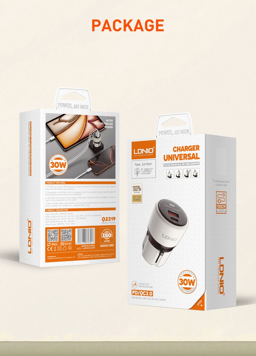 LDNIO Q2319 30W Universal Fast Charger with USB-C to Lightning Cable (1M) | USB-C PD & USB-A Travel Adapter