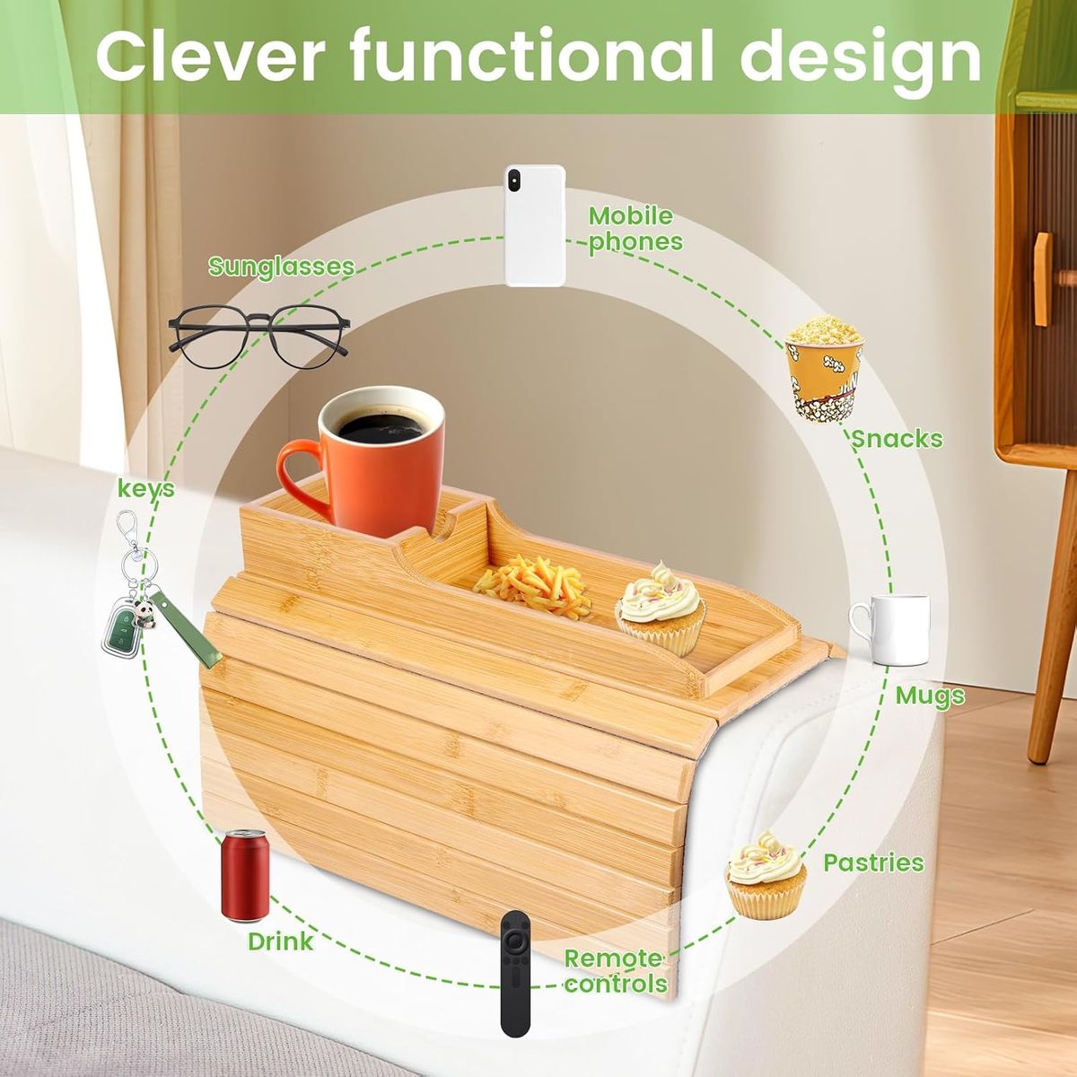 Premium Bamboo Sofa Armrest Tray Table with Cup Holder & Phone Slot | Foldable Couch Arm Tray Organizer