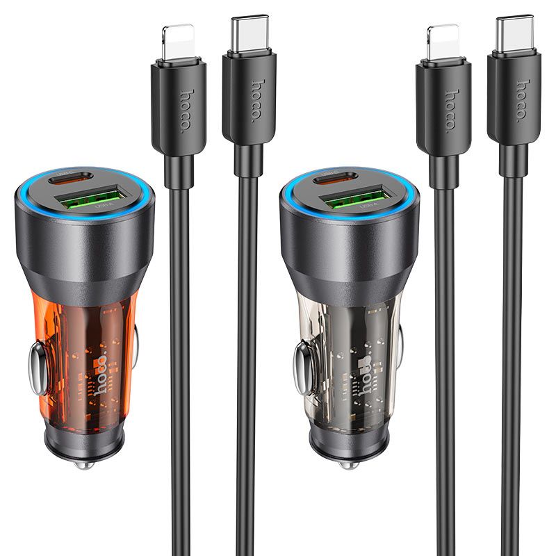 HOCO NZ12A 43W PD Fast Car Charger with USB-C to Lightning Cable (1M) | Dual Port USB-C + USB-A Car Charger