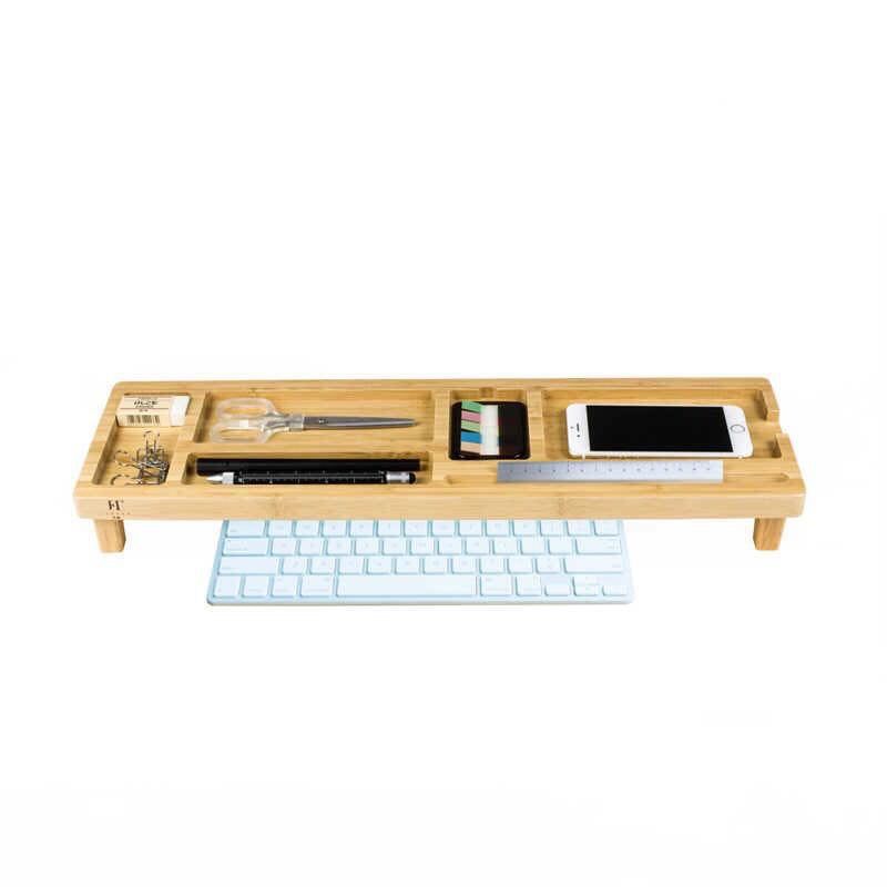 Bamboo Desk Organizer & Monitor Stand Riser with Keyboard Storage | Wooden Desktop Organizer