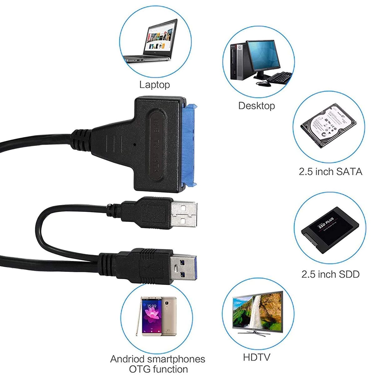 SATA to USB 3.0/2.0 Adapter Cable for 2.5 Inch SSD & HDD | SATA III Hard Drive Converter with USB Power Cable