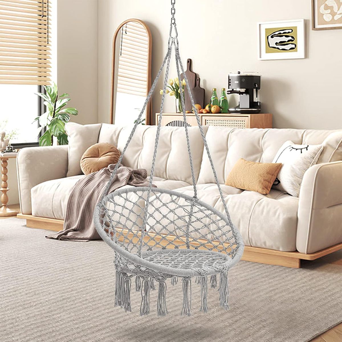 Handmade Cotton Rope Hanging Swing Chair for Adults & Kids | Boho Hammock Chair for Indoor & Outdoor Garden - Grey