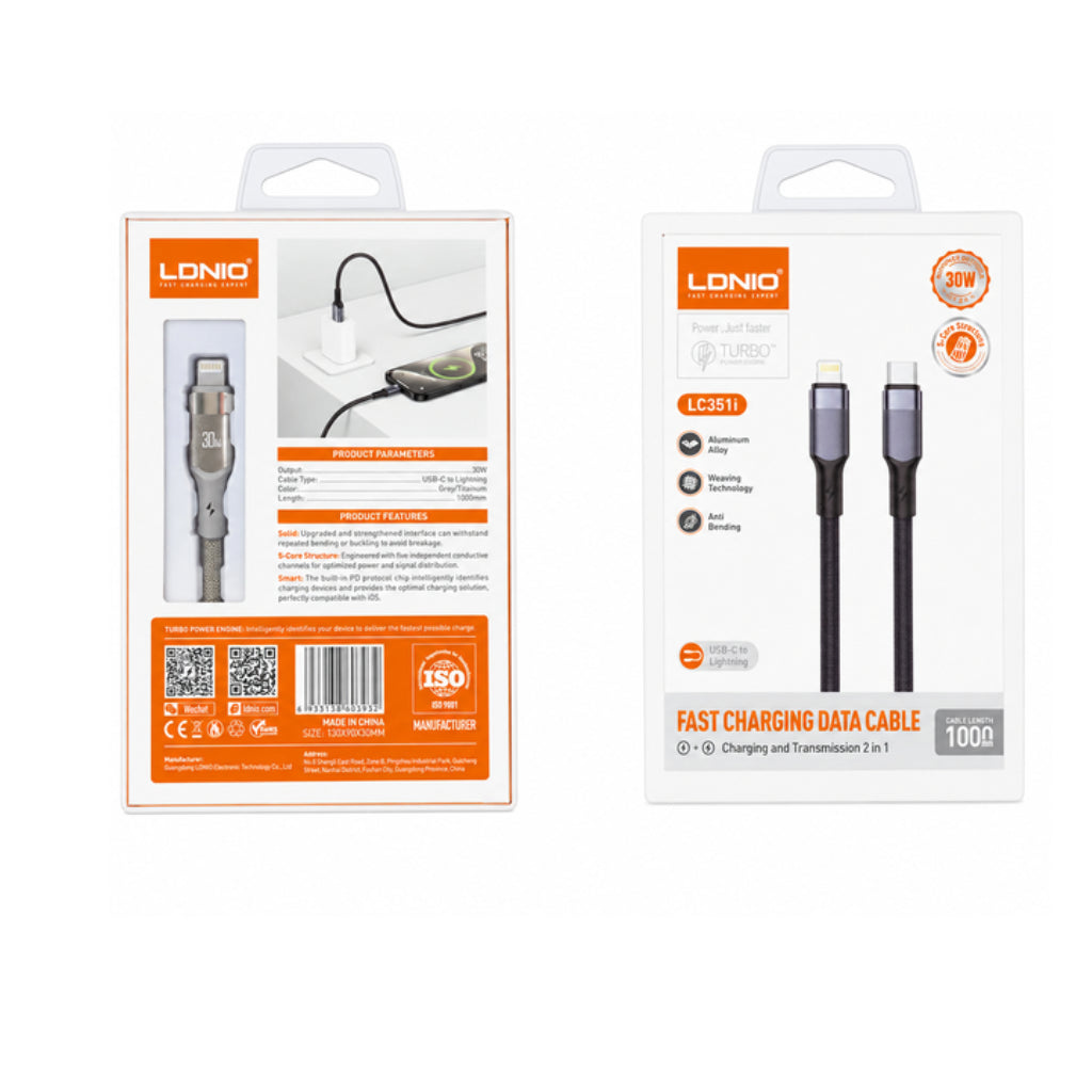 LDNIO LC351i USB-C to Lightning Fast Charging Cable 30W 1 Meter | PD Fast Charge & Data Sync for iPhone