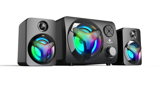 Mikuso SPK-F10 2.1 Channel Bluetooth Speaker System | 16W RGB Subwoofer Desktop PC Speakers with FM Radio, USB, AUX & TF Card