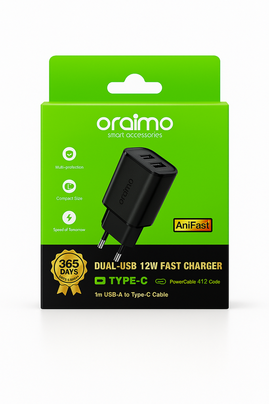 Oraimo OCW-1121EC 12W Dual USB Fast Charger with USB-A to USB-C Cable (1M) | EU Wall Charger
