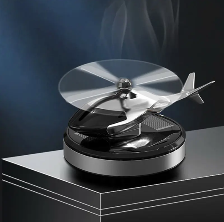 Solar Powered Helicopter Car Air Freshener – Rotating Aromatherapy Ornament, Silver