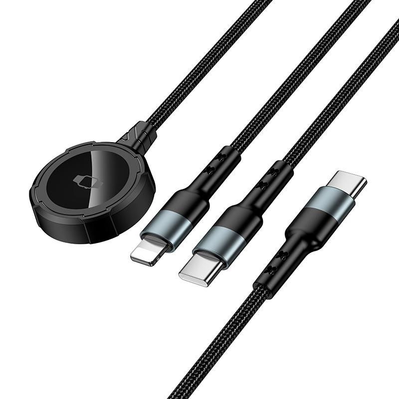 HOCO CW64 3-in-1 Magnetic Charging Cable with Apple Watch Wireless Charger, USB-C & Lightning | 1.2M Braided Cable