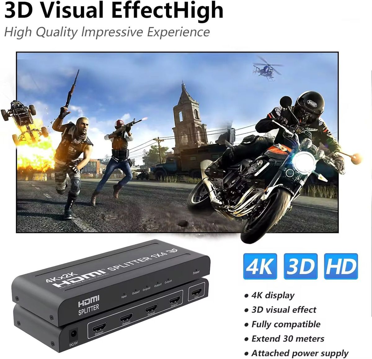 HDMI Splitter 1x4 4K UHD | 1 HDMI Input to 4 HDMI Outputs | 1080P Full HD 3D Video Distribution Amplifier