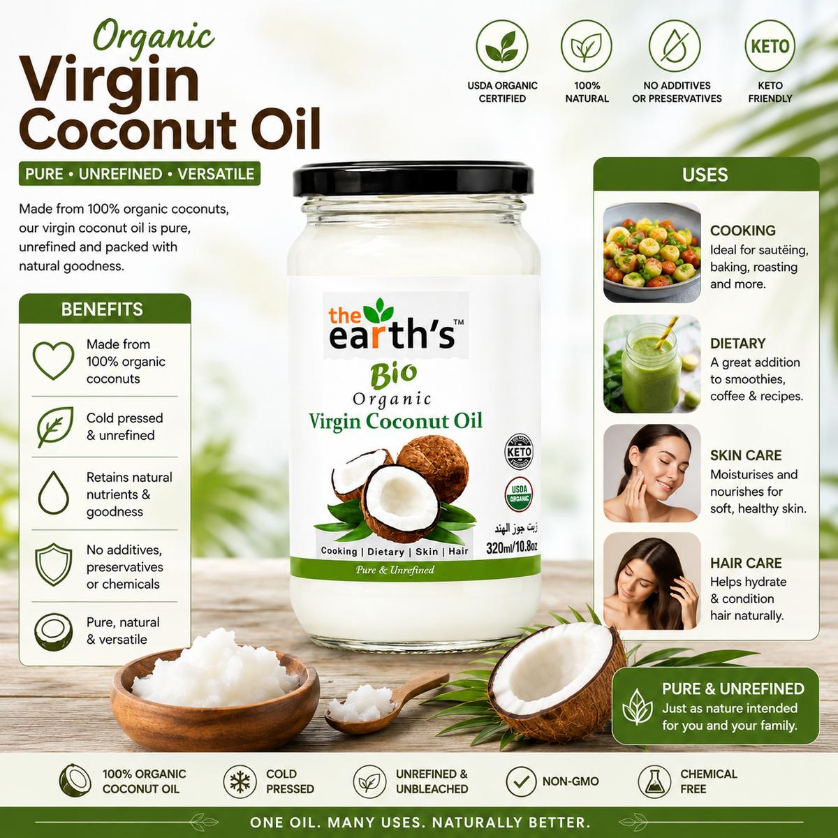 Organic Virgin Coconut Oil 320ml – Pure & Unrefined Coconut Oil for Cooking, Skin & Hair