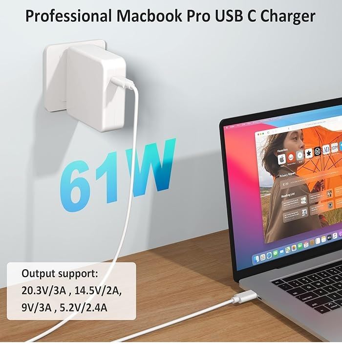 61W USB-C Laptop Charger for MacBook Pro & MacBook Air | Fast USB-C Power Adapter with 2M USB-C Cable