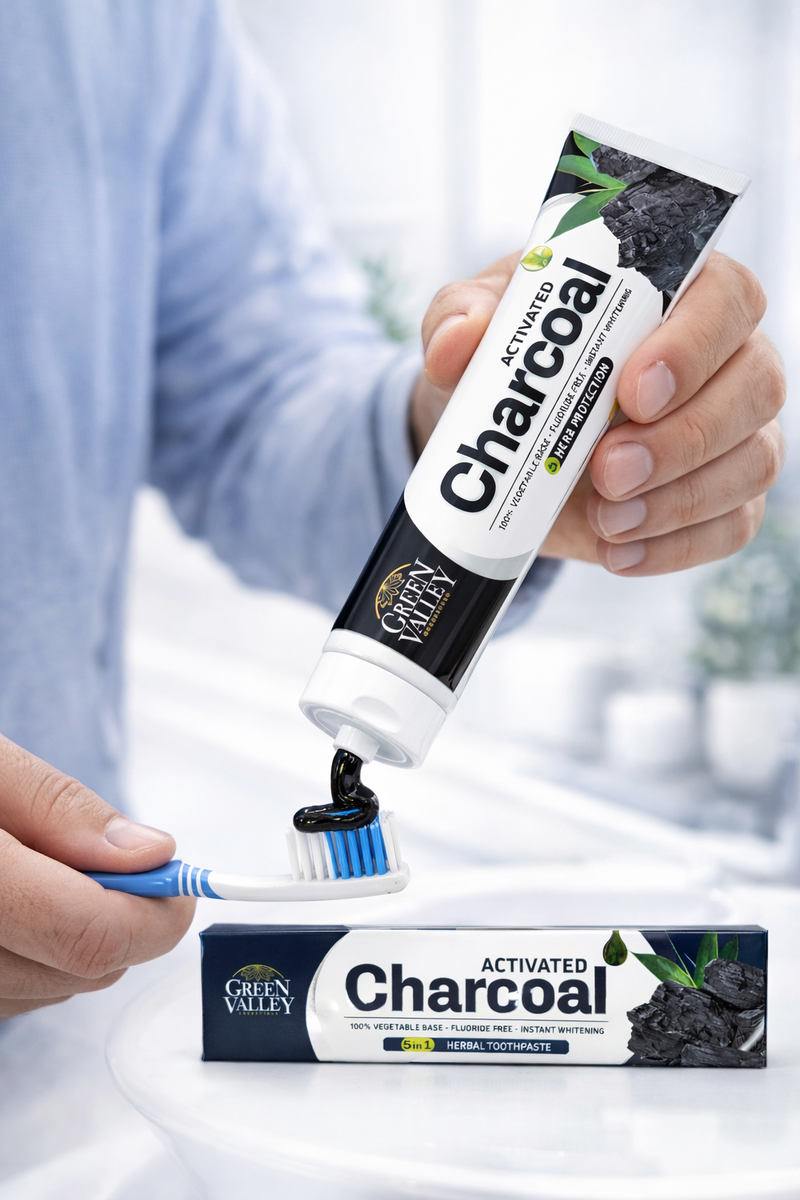 Green Valley Activated Charcoal Toothpaste 185g – Natural Teeth Whitening, Fresh Breath & Herbal Oral Care