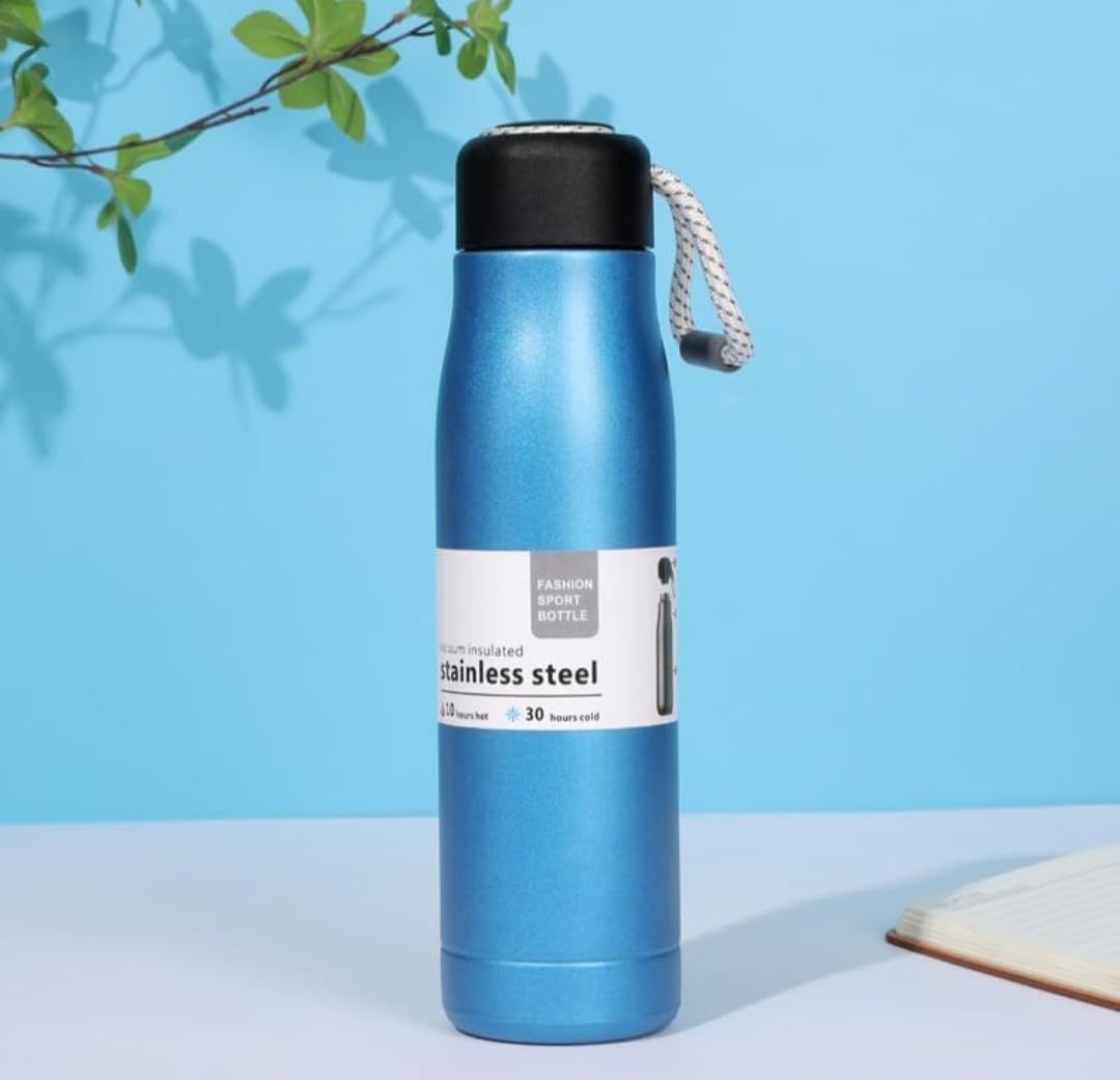 550ml Stainless Steel Vacuum Insulated Water Bottle with Strap | Double Wall Leakproof Flask | BPA Free Travel Bottle - Black