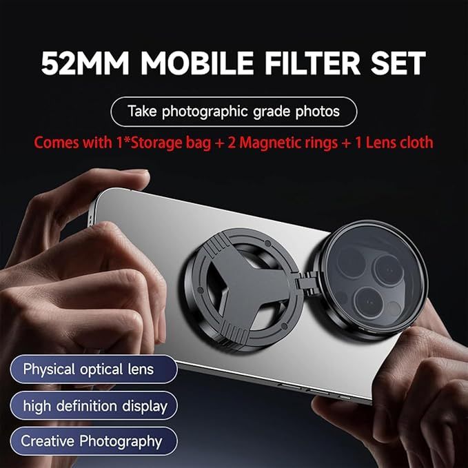 52mm CPL Polarizing Filter for Phone Camera | HD Multi-Coated Optical Lens for Smartphones, Reduce Reflections & Enhance Colors - Black