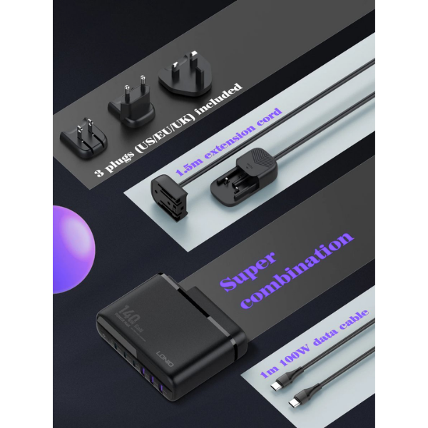 LDNIO A6140C 140W GaN Desktop Charger Station | 6-Port Fast Charger (3 USB-C + 3 USB-A) with LED Display
