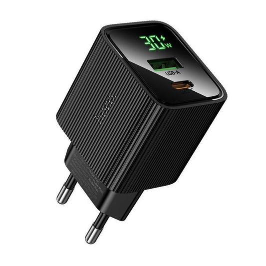 HOCO CS84A 30W GaN Fast Charger with LED Display | USB-C PD 30W + USB-A QC 3.0 Dual Port Wall Charger - Black