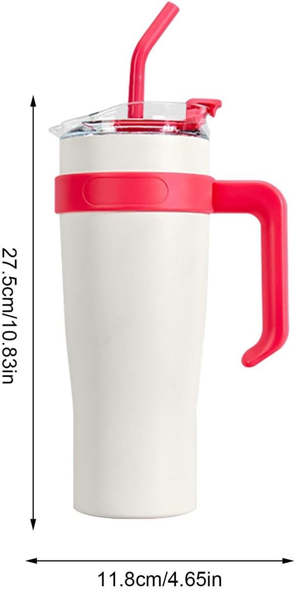 1.2L Double Wall Stainless Steel Insulated Travel Mug with Handle, Straw & Leakproof Lid | Large Vacuum Tumbler