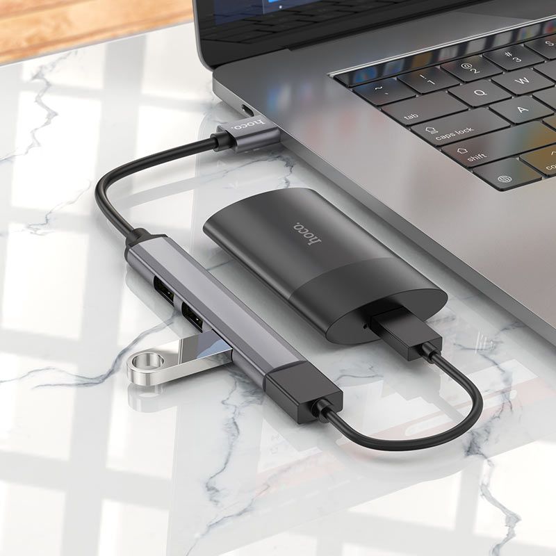 HOCO HB2 4-in-1 USB Hub | High-Speed USB 3.0 Hub with 1 USB 3.0 & 3 USB 2.0 Ports for Laptop, PC & Mac